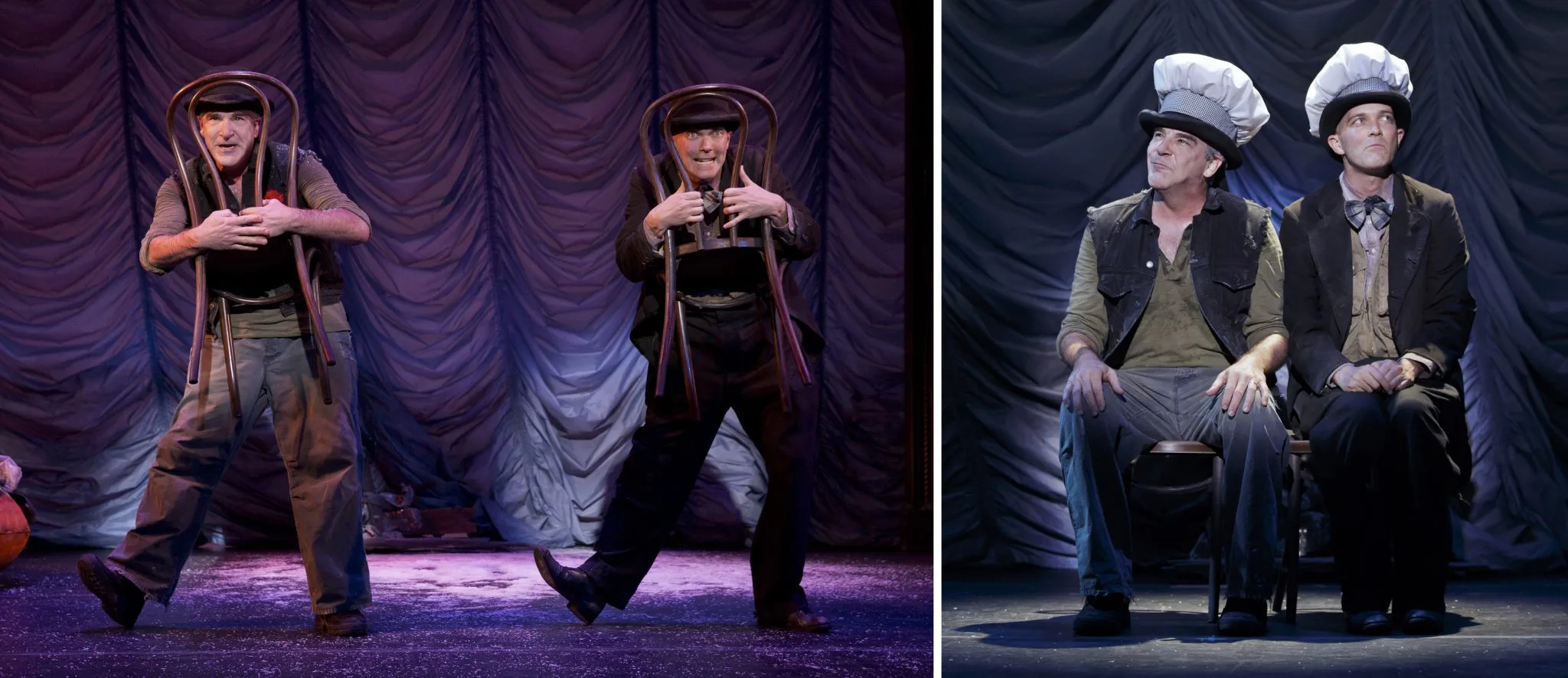 Mandy Patinkin and Taylor Mac performing with chairs in The Last Two People on Earth: An Apocalyptic Vaudeville