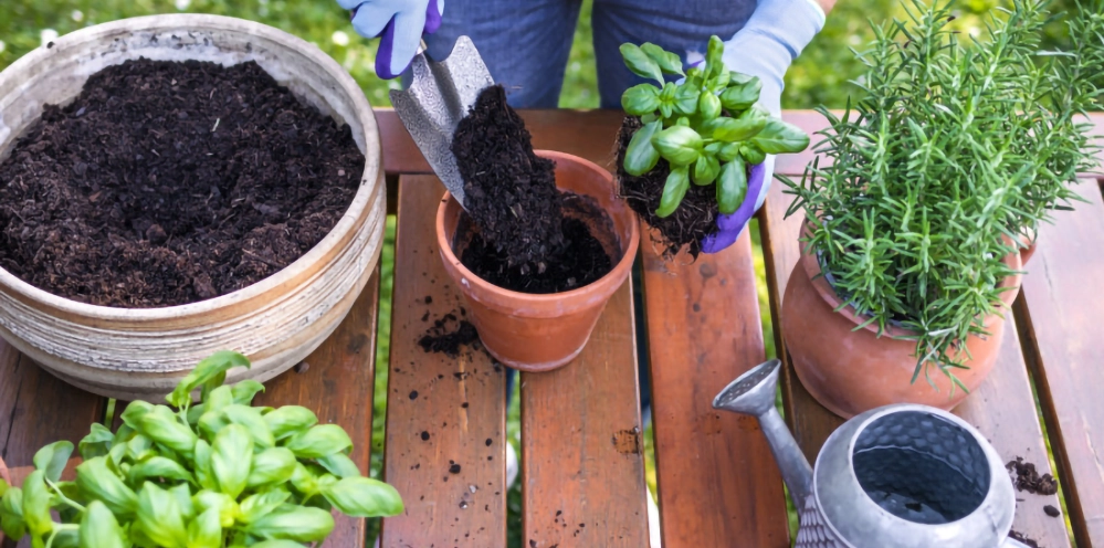 A person potting basil into a terra cotta container with rosemary and a watering can on a wooden table outdoors.