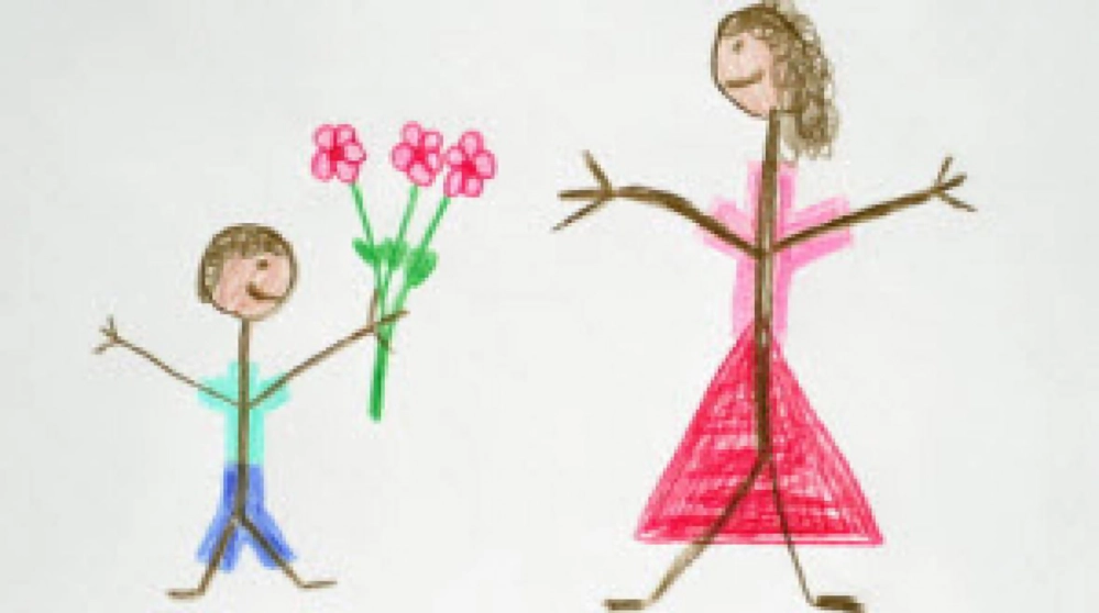 Child's crayon drawing of a son giving flowers to his mother for Mother's Day