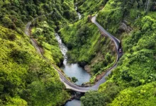 Scenic coastal view along the Road to Hana in Maui with lush green cliffs and turquoise ocean