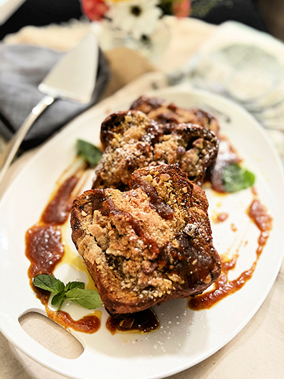 Stuffed Pumpkin French Toast with Pecan Crumble and Pumpkin Butter Syrup 2 PumpkinFTRaw Add2Site W