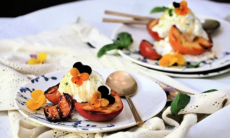 Grilled Peaches with Goat Cheese Honey Basil Ice Cream