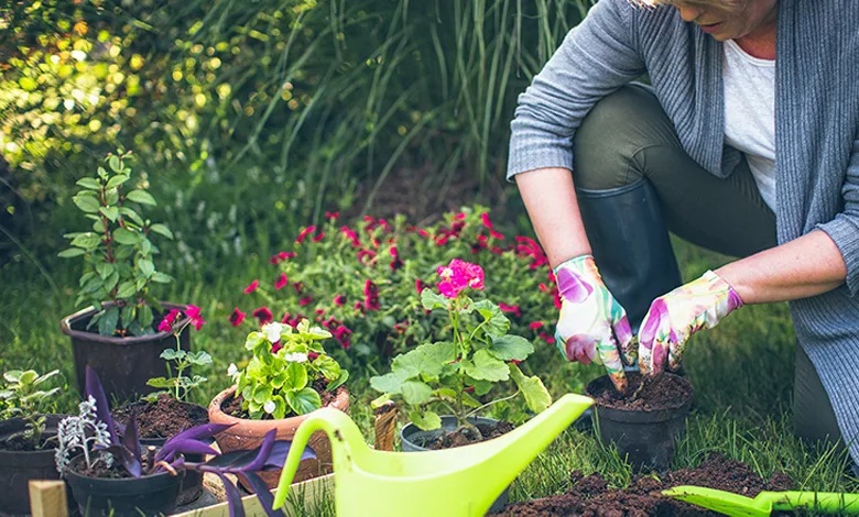 Woman in gardening gloves planting flowers in a garden surrounded by colorful blooms — health benefits of gardening for body and mind