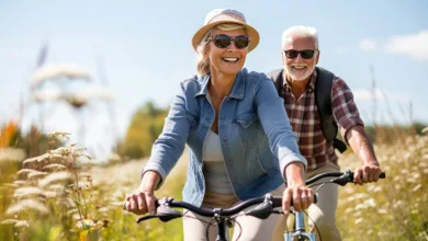 How to Boost Your Vitamin D Levels Naturally—All Year Long 1 Older couple cycling outdoors on a sunny day, staying active and supporting their vitamin D levels.