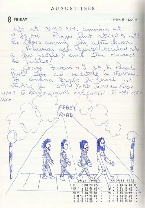 Living the Beatles Legend 5 Hand-drawn sketch of the Abbey Road photoshoot from Mal Evans’ 1969 diary.