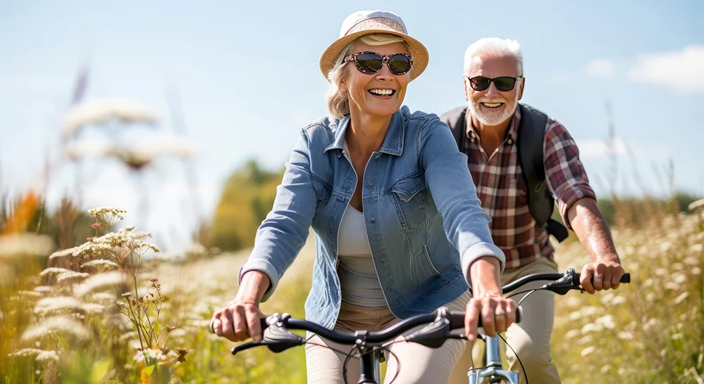 Top 4 Restful Sleep Strategies Tailored for the 50+ Body 3 A senior couple biking outdoors in natural sunlight to support healthy sleep and physical activity.
