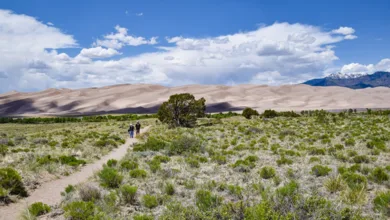 Take a Hike! Burning Sand and Towering Dunes: A Great Hike in Colorado 1 A couple walks the sandy half-mile trail from the Visitor Center toward the towering dunes at Great Sand Dunes National Park.