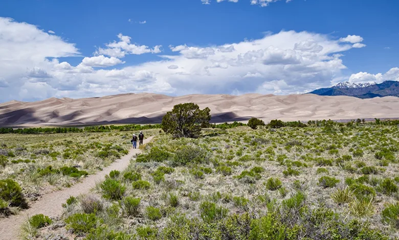 Take a Hike! Burning Sand and Towering Dunes: A Great Hike in Colorado 1 A couple walks the sandy half-mile trail from the Visitor Center toward the towering dunes at Great Sand Dunes National Park.