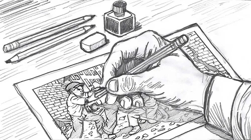 KING KIRBY: The Unsung Hero of the Marvel Universe 2 Comic-style illustration of a young Jack Kirby drawing himself being beaten up, featured in the multimedia stage production KING KIRBY.
