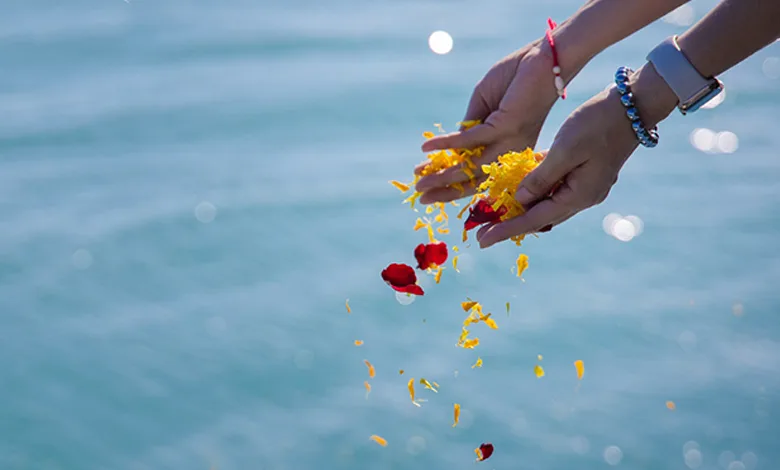 Honoring a Loved One with Ocean Ash-Scattering 1 Hands releasing flower petals over ocean water during an ash-scattering ceremony — a peaceful and symbolic farewell.
