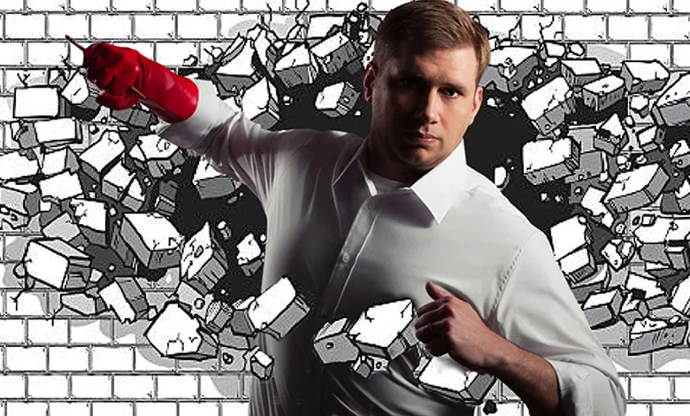 KING KIRBY: The Unsung Hero of the Marvel Universe 1 Jon Gerrard as Jack Kirby bursts through a comic-style wall — POW! — in the stage play KING KIRBY.