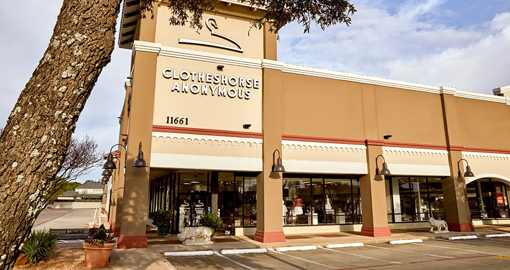 Clotheshorse Anonymous 5 Exterior view of Clotheshorse Anonymous, a North Dallas boutique offering affordable luxury and pre-owned designer fashion.