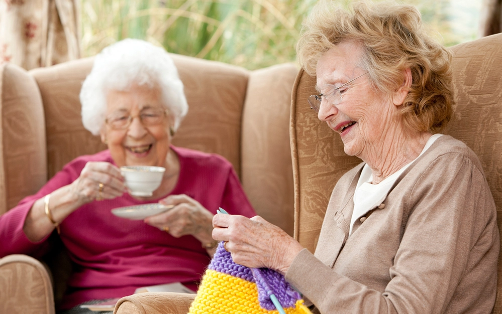 The Circle That Sustains Us 3 Two senior women sit in comfortable chairs, one knitting and the other sipping tea, laughing, and enjoying each other's company.