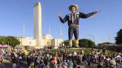 State Fair of Texas 2025 157 Aerial view of Big Tex statue surrounded by large crowds at State Fair of Texas with Cotton Bowl and Hall of State buildings in the background during golden hour.