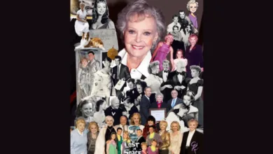 June Lockhart at 100 1 Collage showing June Lockhart's career spanning from young actress to centenarian, featuring photos from Lassie, Lost in Space, and throughout her 100-year life