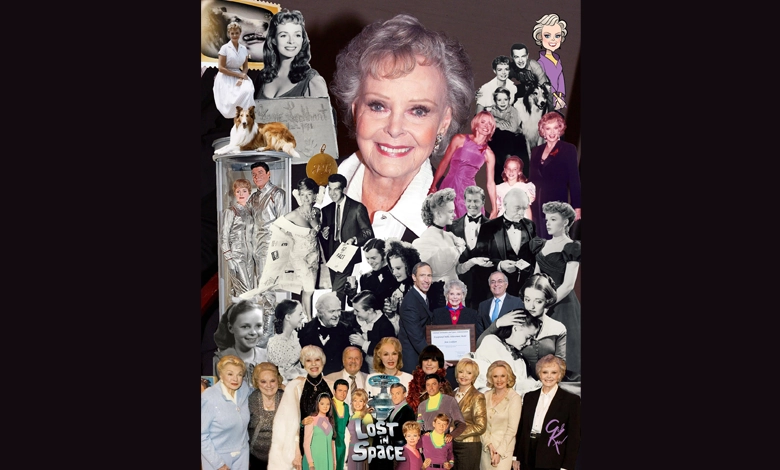 June Lockhart at 100 1 Collage showing June Lockhart's career spanning from young actress to centenarian, featuring photos from Lassie, Lost in Space, and throughout her 100-year life
