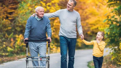 How To Choose the Right Mobility Aid for Your Lifestyle After 50 2 Senior man using walker on outdoor family walk with adult son and granddaughter, showing mobility aid independence