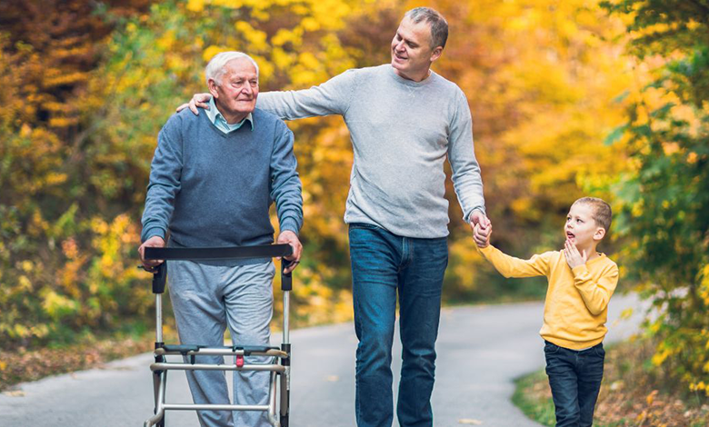 How To Choose the Right Mobility Aid for Your Lifestyle After 50 1 Senior man using walker on outdoor family walk with adult son and granddaughter, showing mobility aid independence