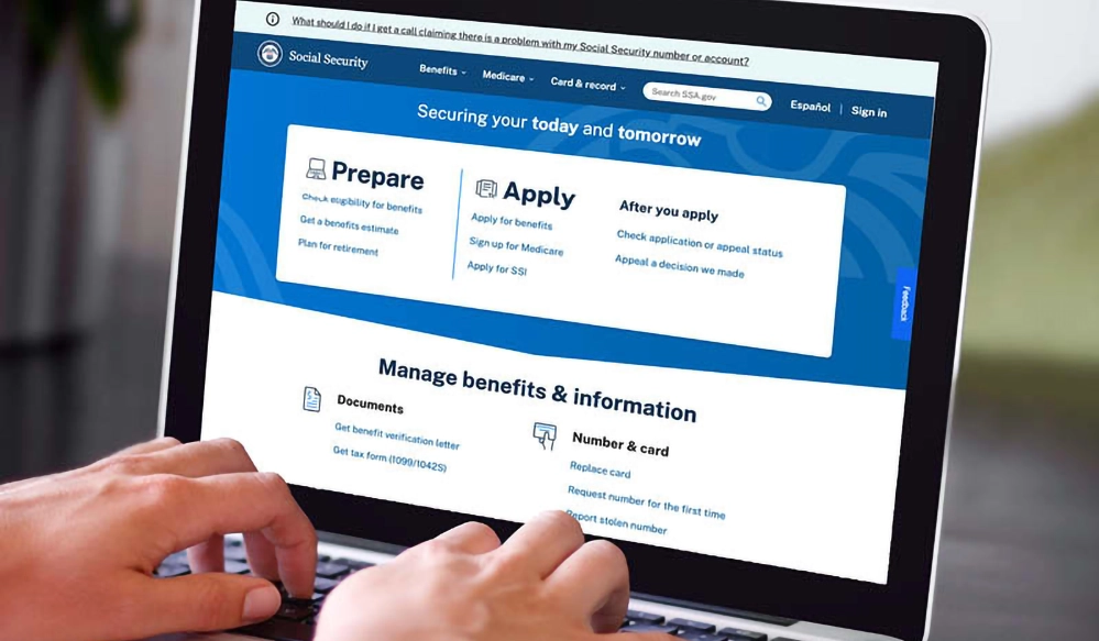 Social Security Ending Paper Checks in 2025 2 Person using a laptop to navigate the Social Security Administration website showing myAccount dashboard with benefits management options