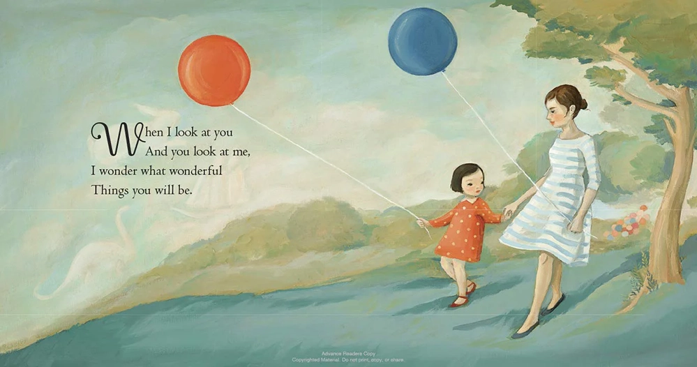 Illustrated spread from “The Wonderful Things You Will Be” showing a mother and child walking with balloons, alongside the line “When I look at you and you look at me, I wonder what wonderful things you will be.”