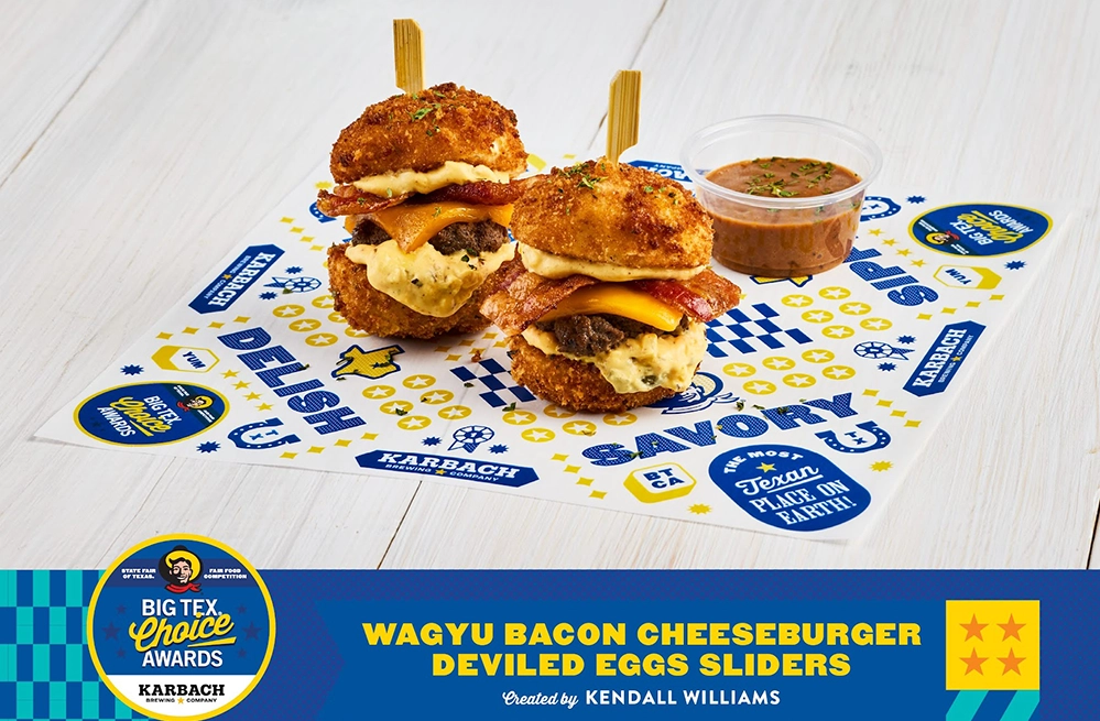 State Fair of Texas 2025 4 Wagyu Bacon Cheeseburger Deviled Egg Sliders featuring Wagyu beef patties with bacon and cheese sandwiched between panko-crusted deep-fried deviled egg halves, served with house-made sauce. 2025 Big Tex Choice Award winner for Most Creative