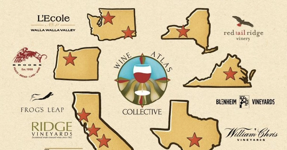 Wine Lovers 2 Map of Wine Atlas Collective member wineries with red stars showing locations across Washington, Oregon, California, Texas, New York, and Virginia