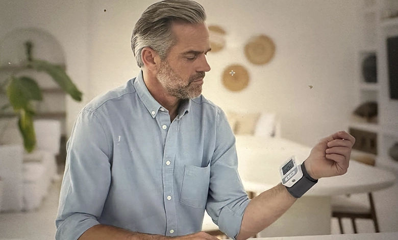 How to Get Accurate BP Readings with a Wrist Blood Pressure Monitor 1 Man in his 60s using wrist blood pressure monitor at home for accurate BP readings