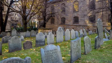 Adventures in Genealogy 1 Historic cemetery with weathered colonial headstones of varying shapes and sizes in foreground, stone church building visible in background, illustrating genealogy research among ancestral burial sites
