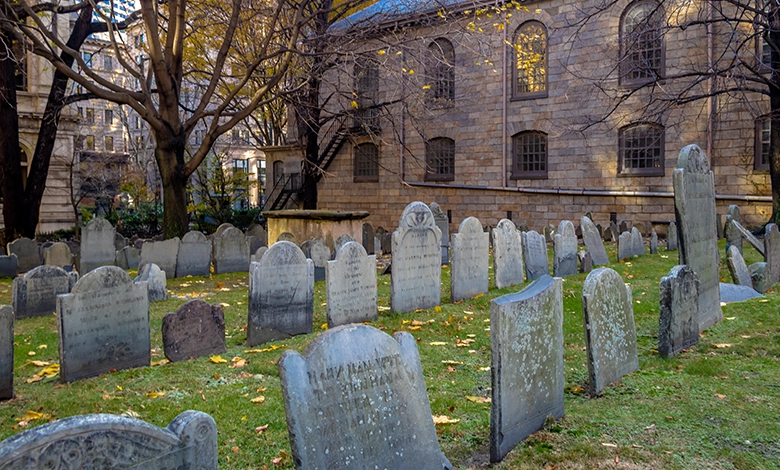 Adventures in Genealogy 1 Historic cemetery with weathered colonial headstones of varying shapes and sizes in foreground, stone church building visible in background, illustrating genealogy research among ancestral burial sites