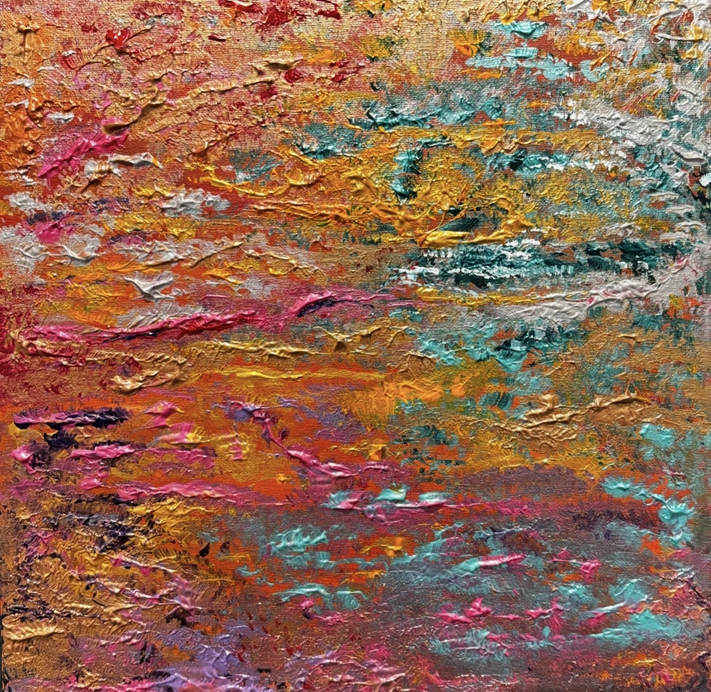 Breast Cancer Survivors Exhibition 5 Bold oil painting with textured layers of orange, pink, turquoise, and gold by artist and breast cancer advocate Farahana Kassam.