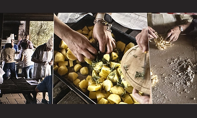 3 Hidden Culinary Gems in Tuscany 1 Collage of a Tuscan culinary class in a rustic kitchen, with guests preparing pasta and potatoes.