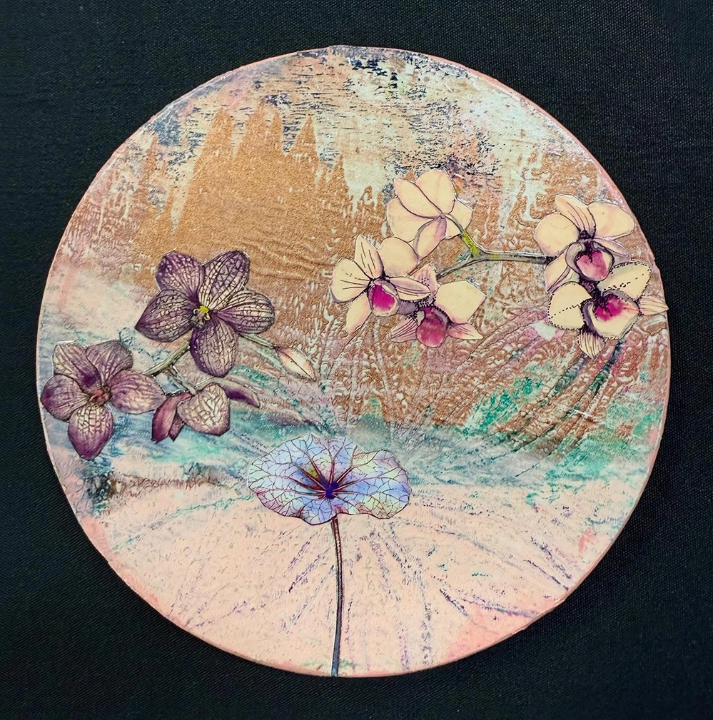Breast Cancer Survivors Exhibition 2 Vibrant floral-inspired mixed media art piece by Andrea Lamarsaude with pink, purple, and gold hues.