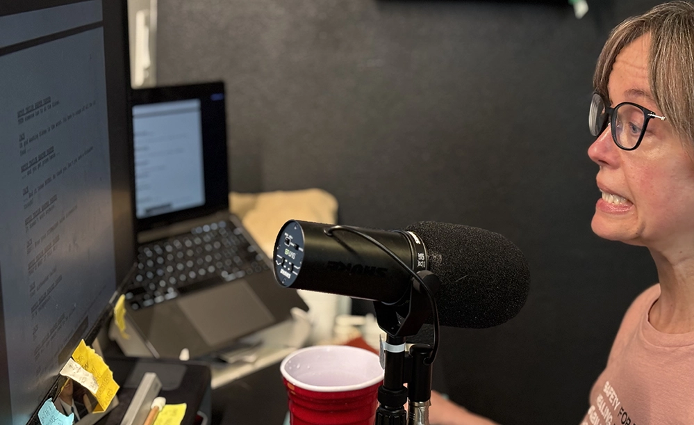 Turning Passion Into Purpose After 50: 3 creatives living their dream 7 Jessica Pointer recording voice work for Funbunker Mixtape comedy podcast in home studio