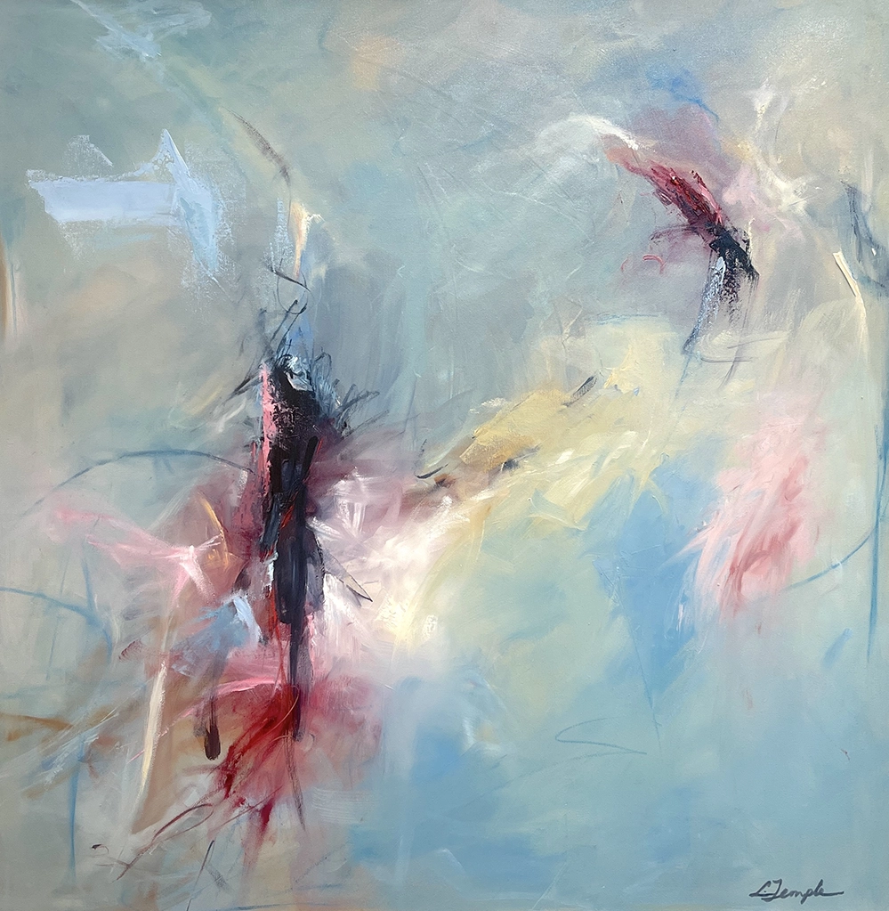 Turning Passion Into Purpose After 50: 3 creatives living their dream 10 Abstract painting by Lisa Temple featuring vibrant blues, pinks, and yellows demonstrating her bold color palette