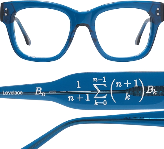 Through Ada's Eyes: How New Glasses Changed My Perspective at 52 2 Blue Lovelace eyeglass frames from Mensa Collection showing mathematical Bell Numbers formula engraved on inside temple with frame details