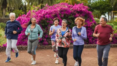 Diverse group of seniors jogging together in retirement community with beautiful landscaped grounds and vibrant flowers