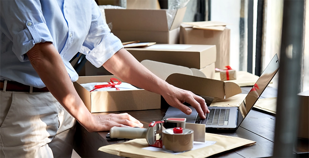 Senior adult managing online business with laptop packing orders for e-commerce sales