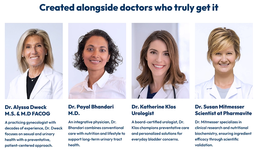 Four medical professionals who developed Uqora: Dr. Alyssa Dweck, Dr. Payal Bhandari, Dr. Katherine Klos, and Dr. Susan Mitmesser