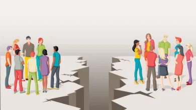 Losing Friends in Divorce: When divorce divides your friend group, too 3 Graphic depicting two groups of friends divided by a fracture