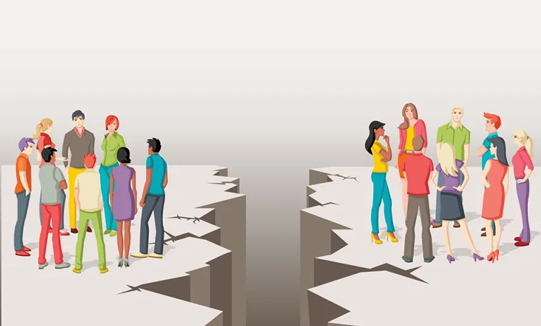Losing Friends in Divorce 1 Graphic depicting two groups of friends divided by a fracture