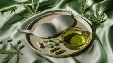 Cannabis for Sleeping: What adults over 50 should know 1 Tray with cannabis capsules, cannabis oil, and sleep mask.