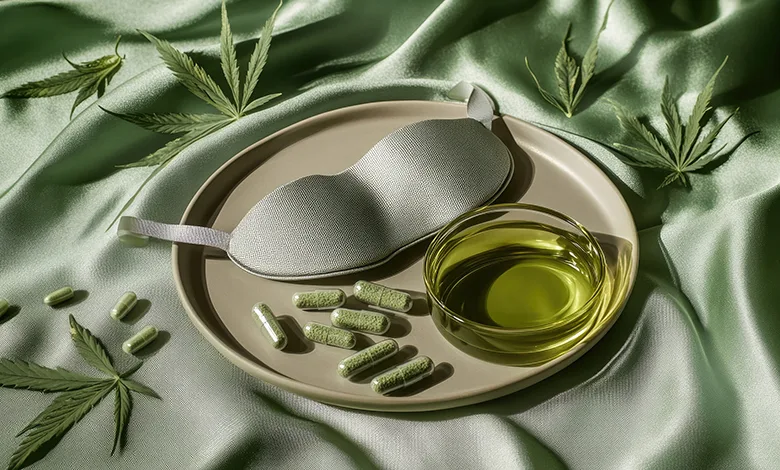 Cannabis for Sleeping 1 Tray with cannabis capsules, cannabis oil, and sleep mask.