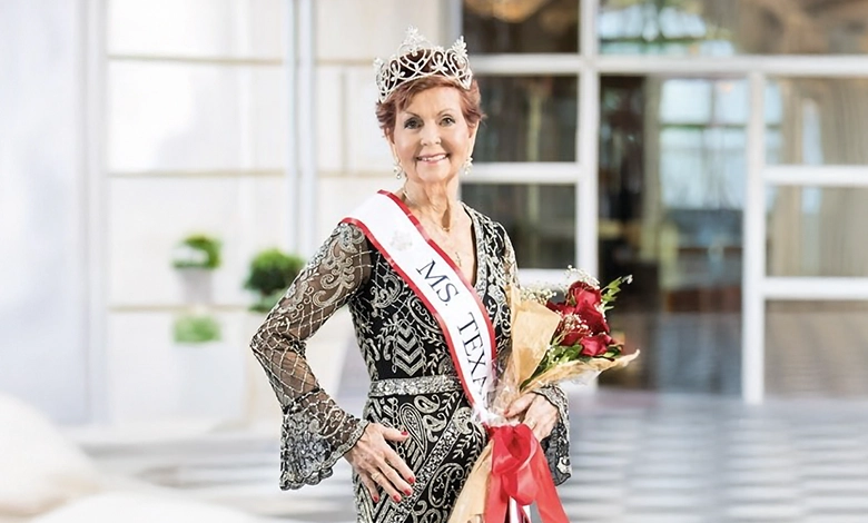 Sue Miller Grandi wearing Ms. Texas Senior America 2024 crown and sash holding red roses in full-length black and silver gown