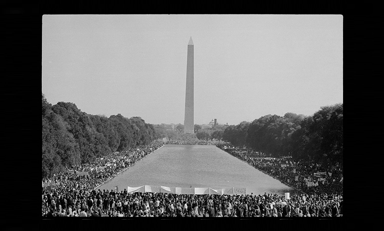 Aerial view of massive antiwar protest crowd gathered at Washington Monument May 1970 following Kent State shootings and Cambodia invasion
