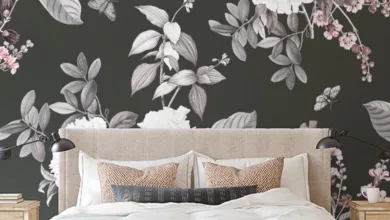 Large-scale floral mural wall art in bedroom with neutral bedding