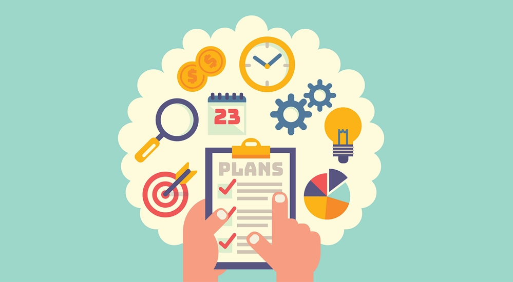 Hands holding a planning checklist with goals, time, and productivity icons