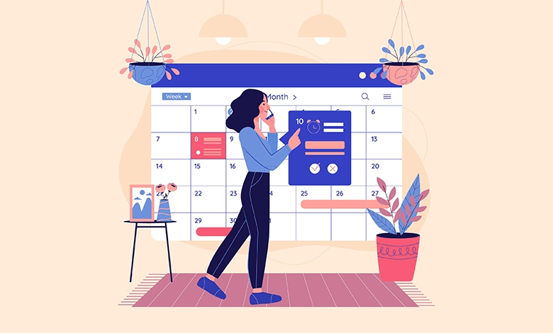 Woman organizing schedule on a large wall calendar illustration