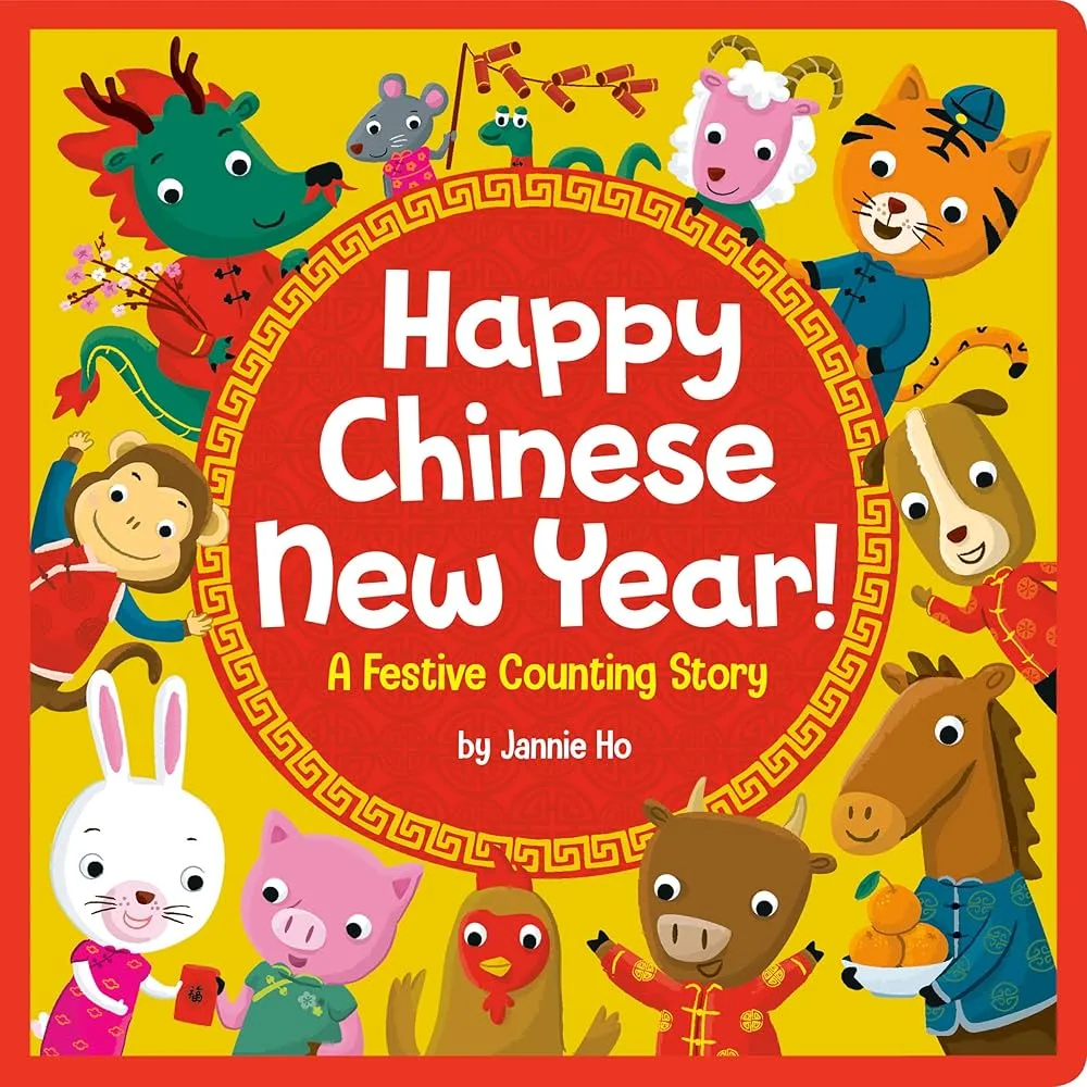 Cover of Happy Chinese New Year A Festive Counting Story board book with red and gold foil design. 