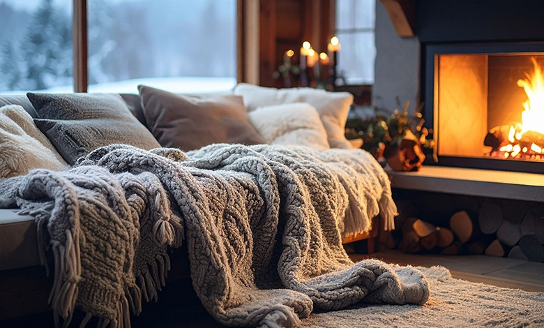 Cozy living room with knit throws on the sofa beside a glowing fireplace with a snowy view through the window