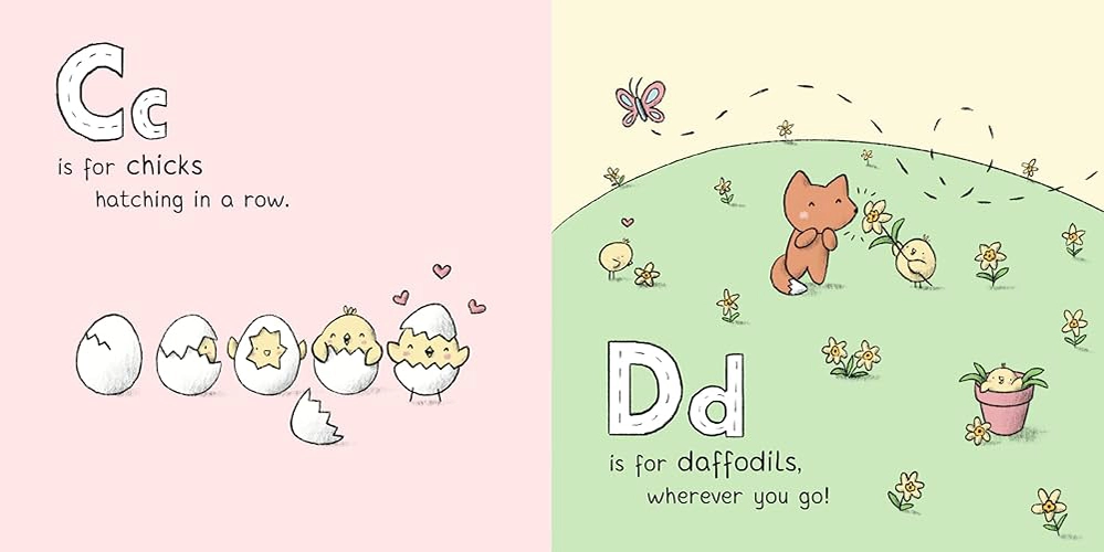 Interior spread showing C is for chicks and D is for daffodils with sweet illustrations